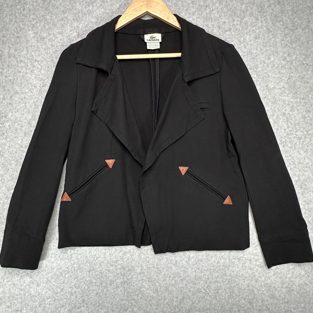 Lacoste Womens Black Viscose Blazer Jacket Faux Leather Accents US Medium EU 40